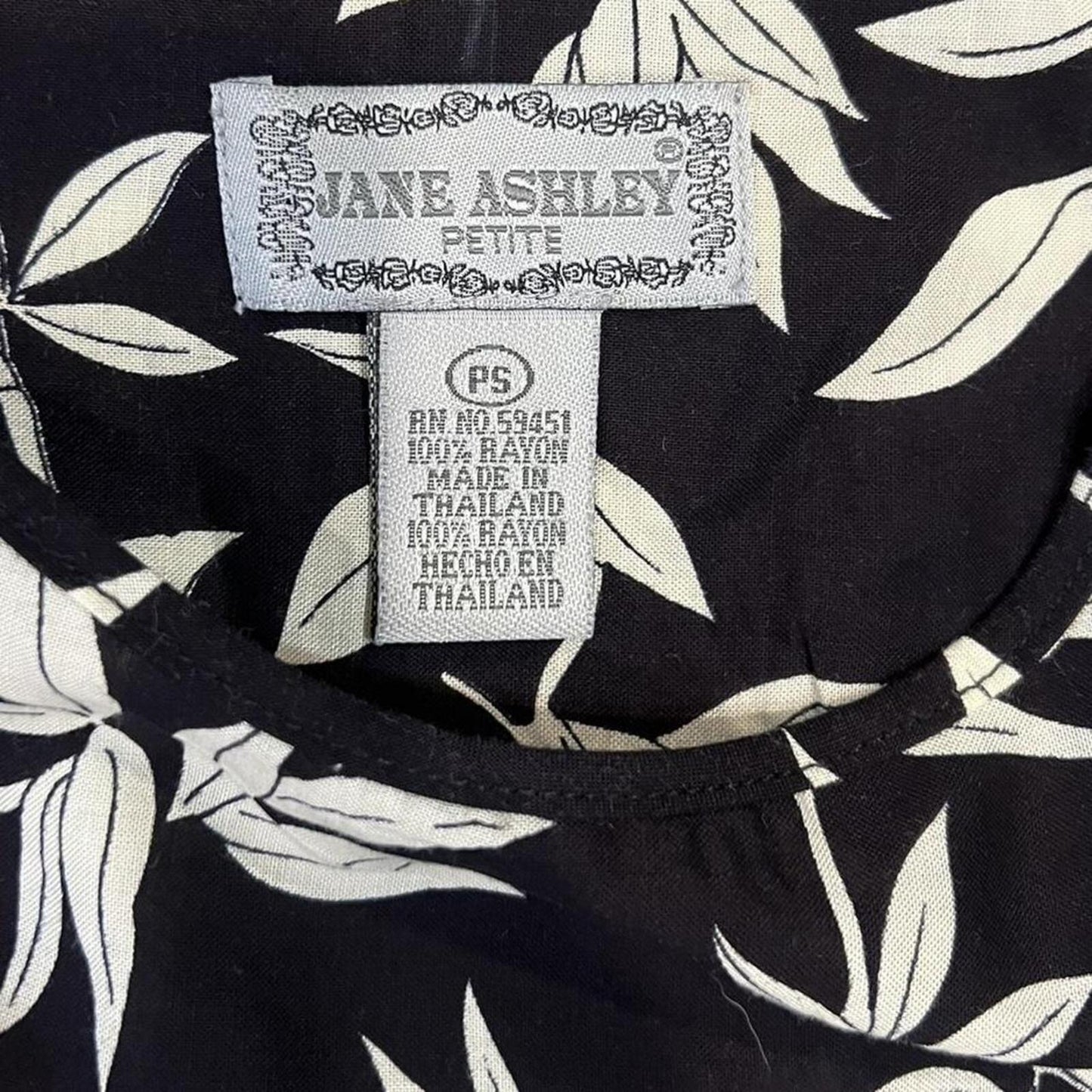 Vintage 90s Black Floral Midi Dress White Leaf Print Tie Back