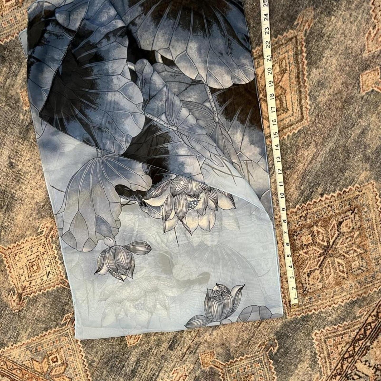 Vintage Y2K Blue Floral Sheer Scarf Lotus Print Lightweight Wrap