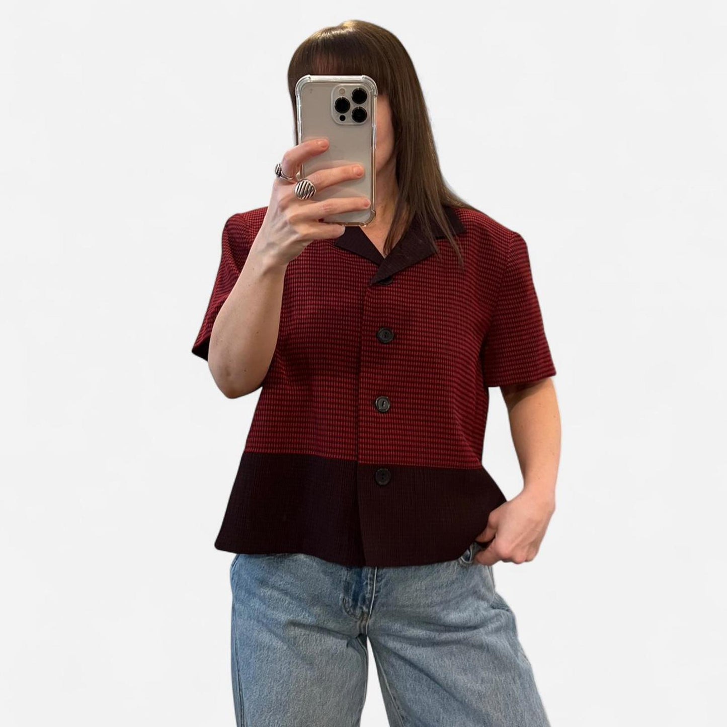 Vintage 90s Red Gingham Blouse Button Front Top