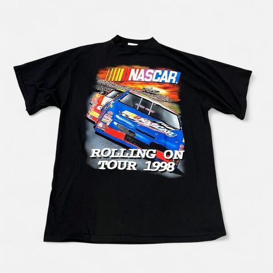 Vintage 1998 NASCAR Rolling On Tour Graphic Tee Double Sided Racing Shirt