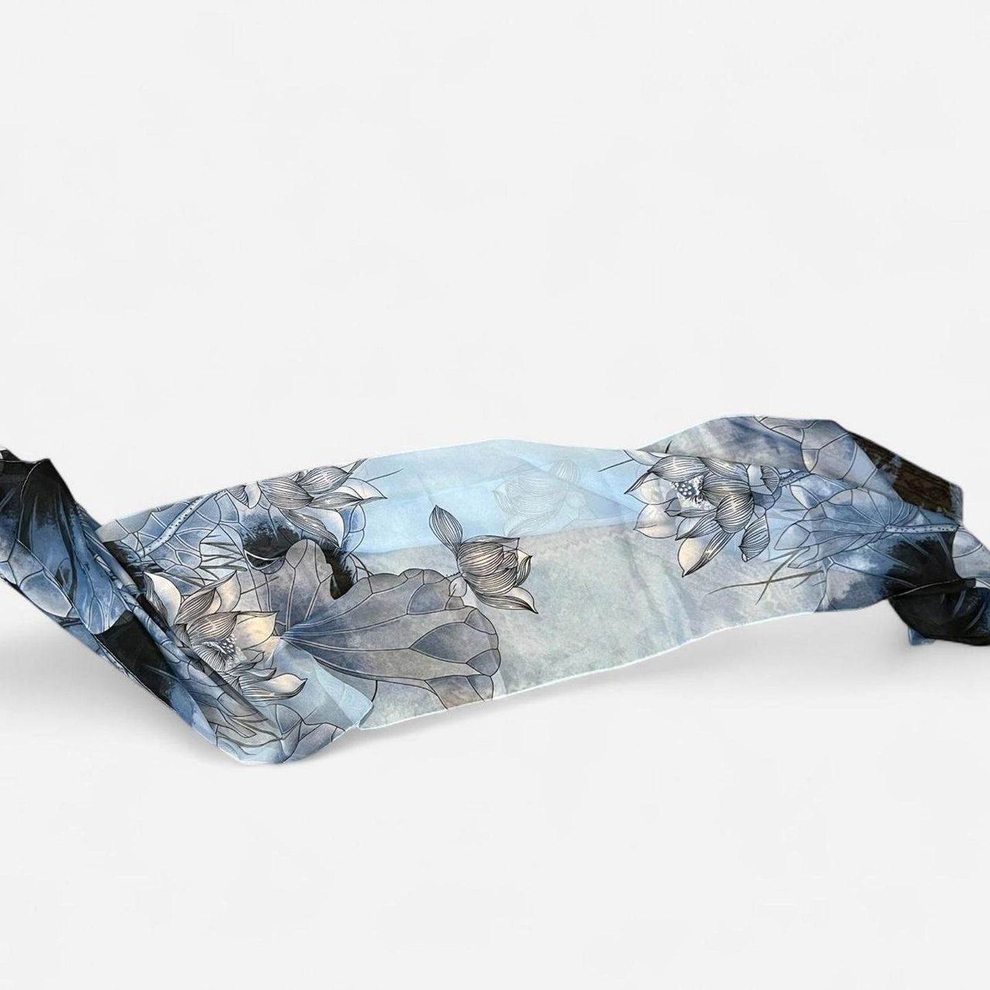Vintage Blue Floral Silk Scarf Sheer Lightweight Wrap