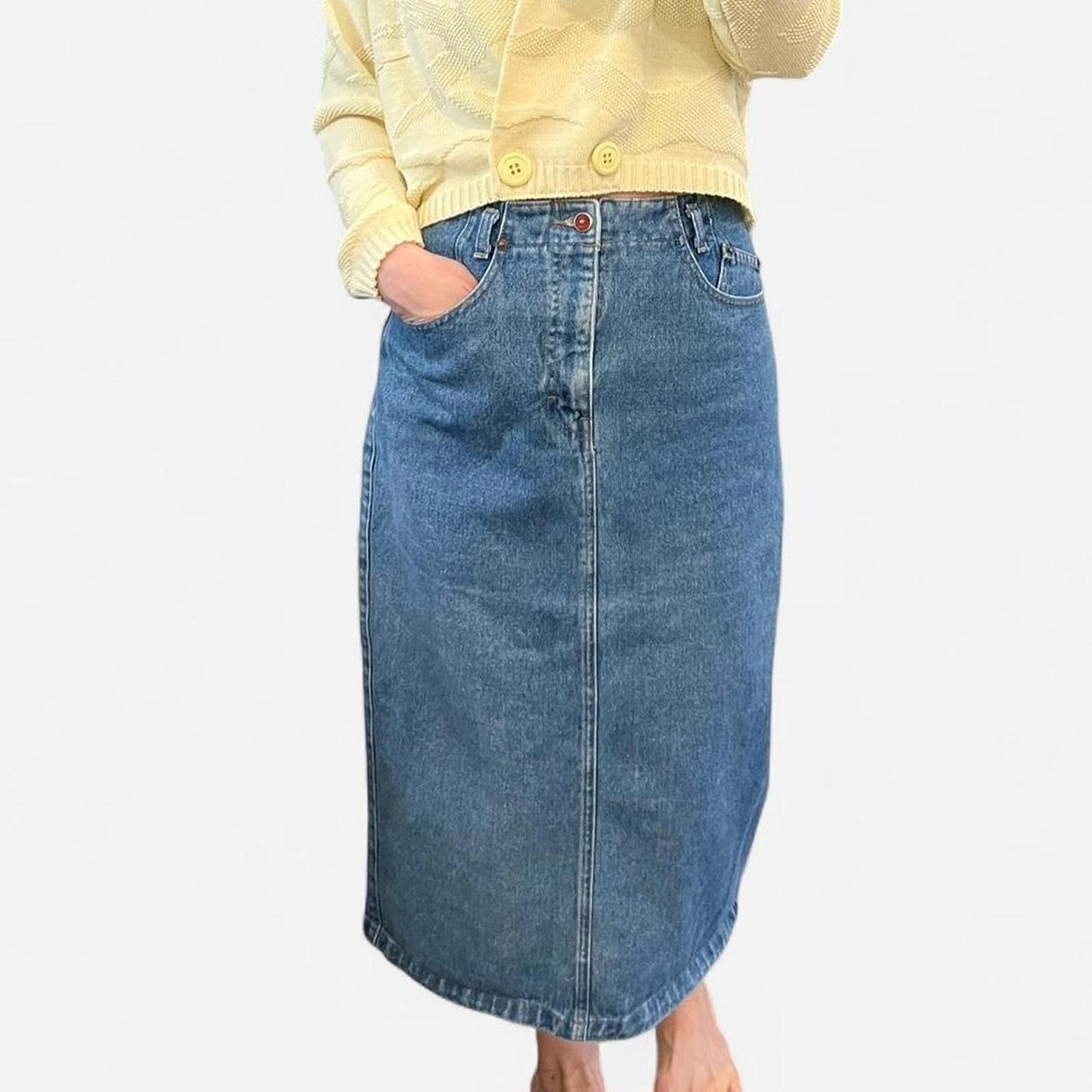 Vintage 90s Denim Midi Skirt High Waisted Y2K Straight Jean Skirt