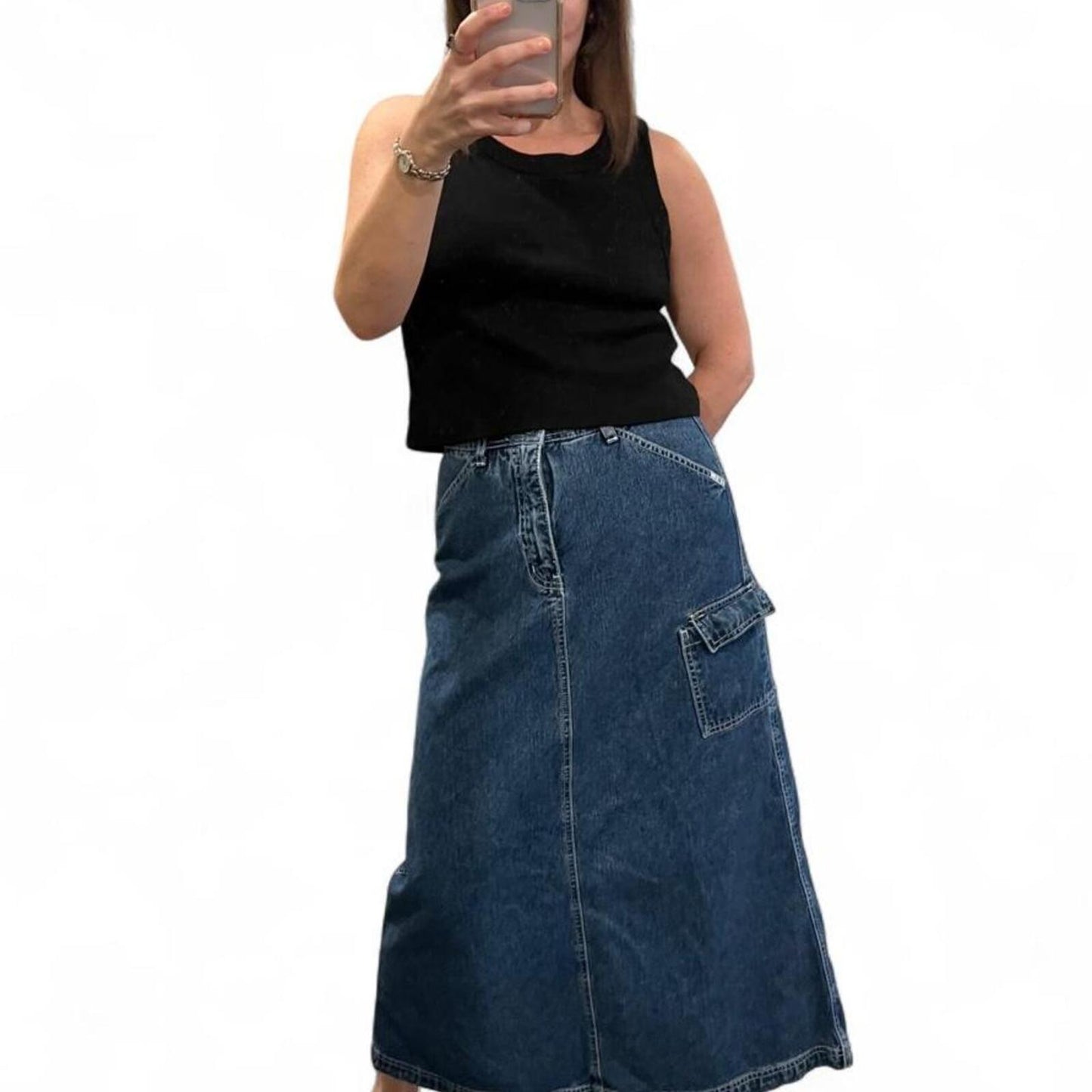 Vintage Y2K Denim Cargo Maxi Skirt Blue Jean A-Line Pocket Skirt