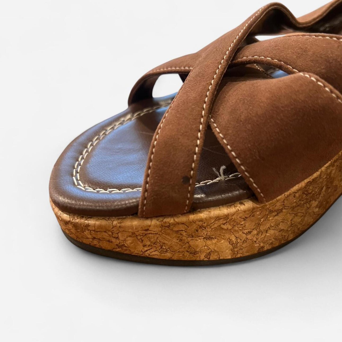 Y2K Brown Leather Cork Wedge Slides Platform Sandals