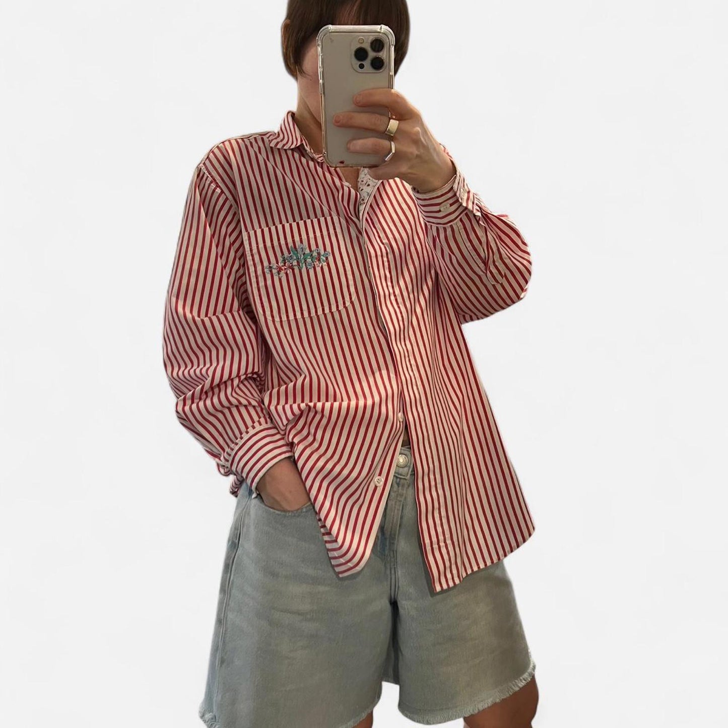 Vintage Red Stripe Embroidered Button Down