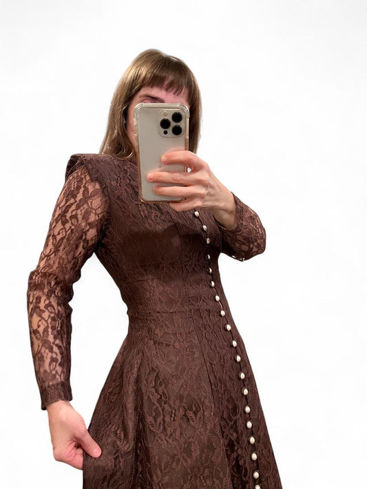 Vintage 80s 90s Brown Lace Gothic Romance Midi Dress Pearl Button Corset