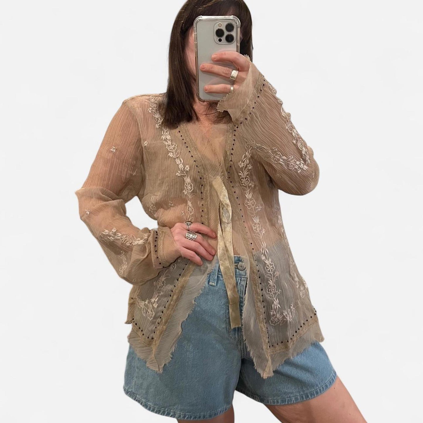 Vintage Y2K Sheer Embroidered Tie Front Blouse