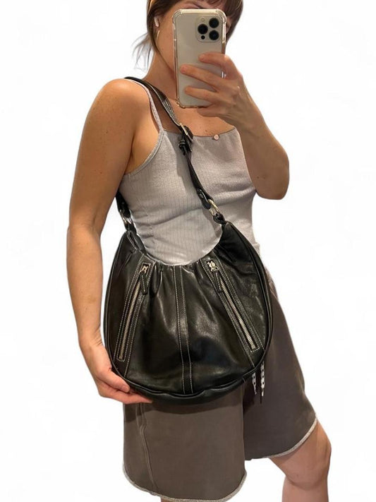 Vintage Y2K Black Genuine Leather Slouch Shoulder Bag Zip Hobo