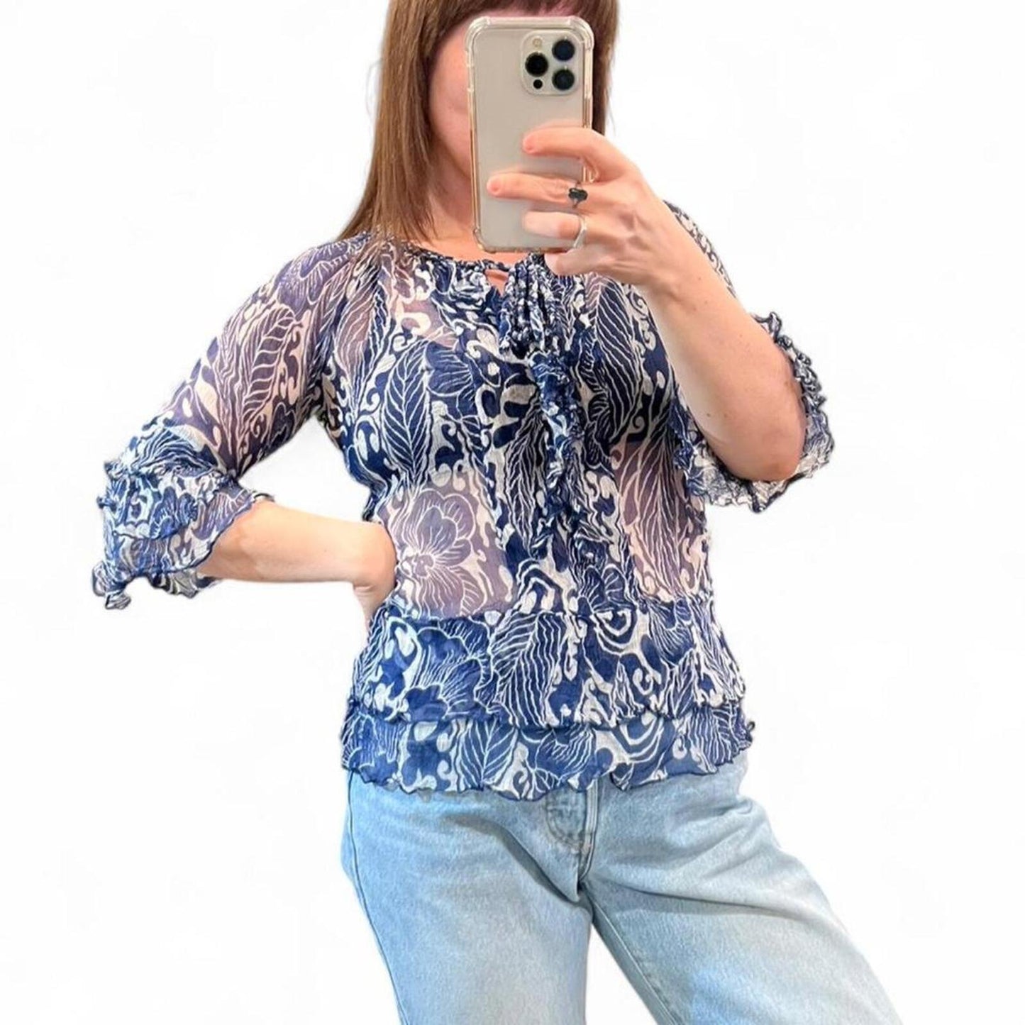 Vintage Y2K Sheer Floral Ruffle Top Blue Boho
