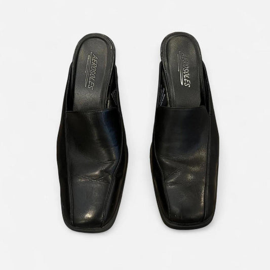 Y2K Black Leather Square Toe Mule Heels Size 7