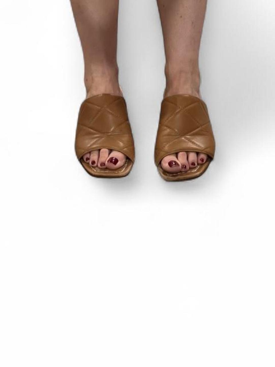 Bernardo Quilted Leather Slide Heels Camel Block Heel Minimalist Sandals