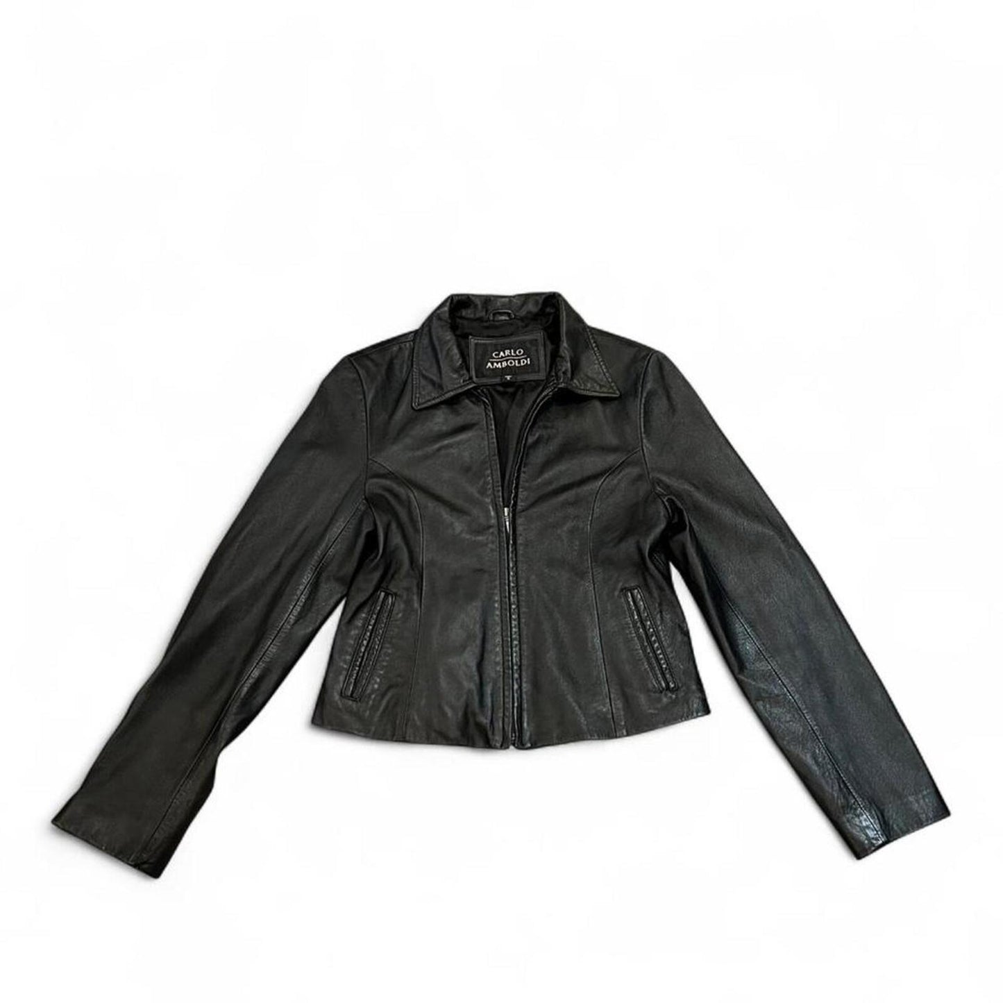 Vintage 90s Genuine Leather Black Zip Jacket Fitted