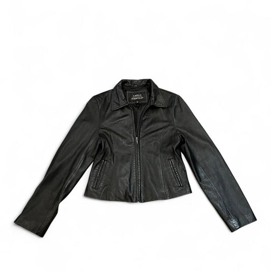 Vintage 90s Genuine Leather Black Zip Jacket Fitted