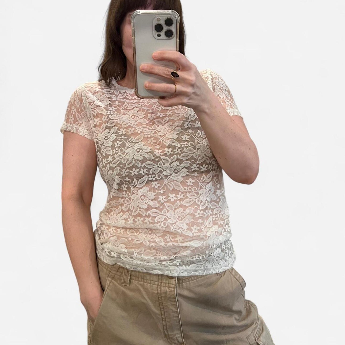 Vintage Y2K Sheer Lace Top Coquette Baby Tee Cream Floral