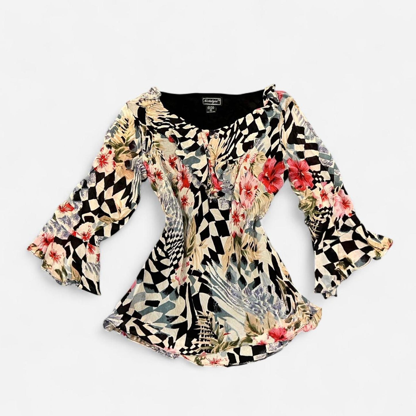 Vintage 90s Sheer Floral Ruffle Blouse