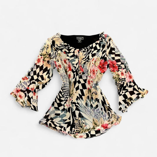 Vintage 90s Sheer Floral Ruffle Blouse