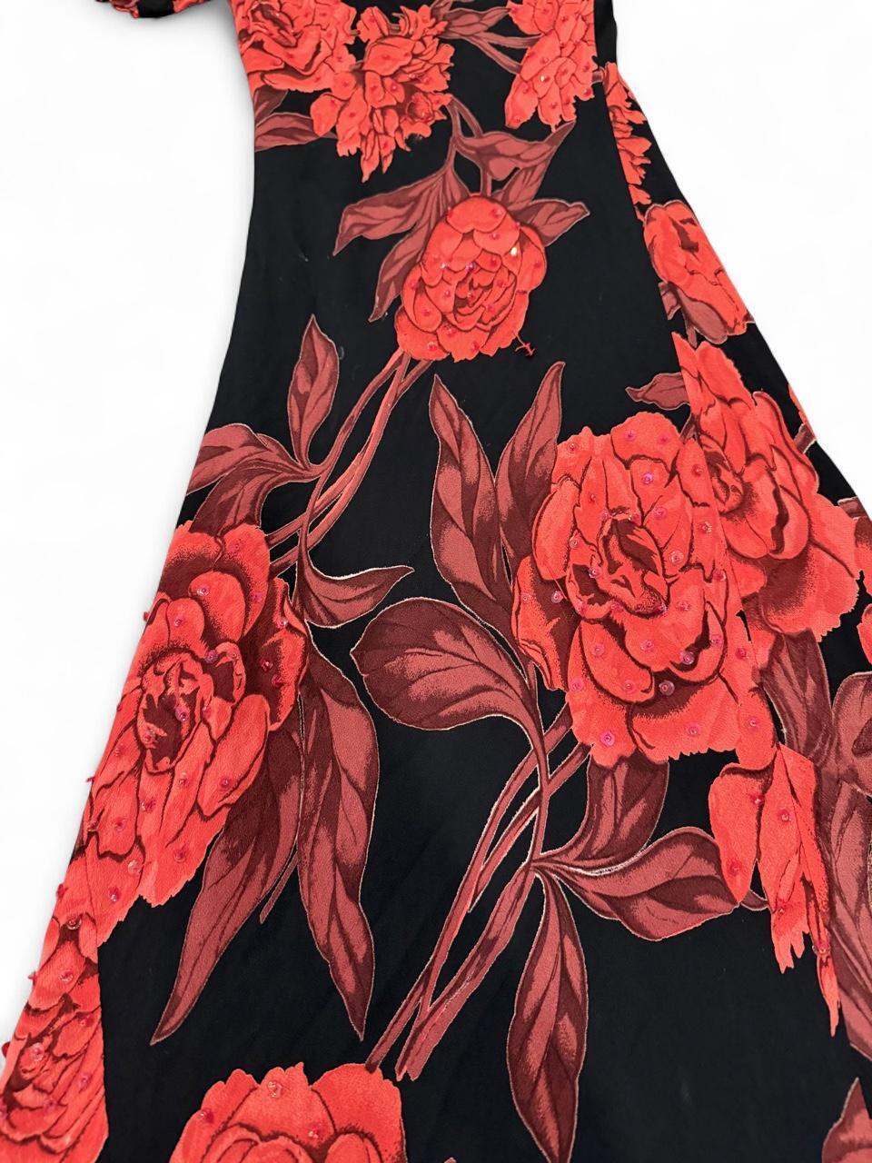 Vintage 90s Red Floral Beaded Maxi Dress