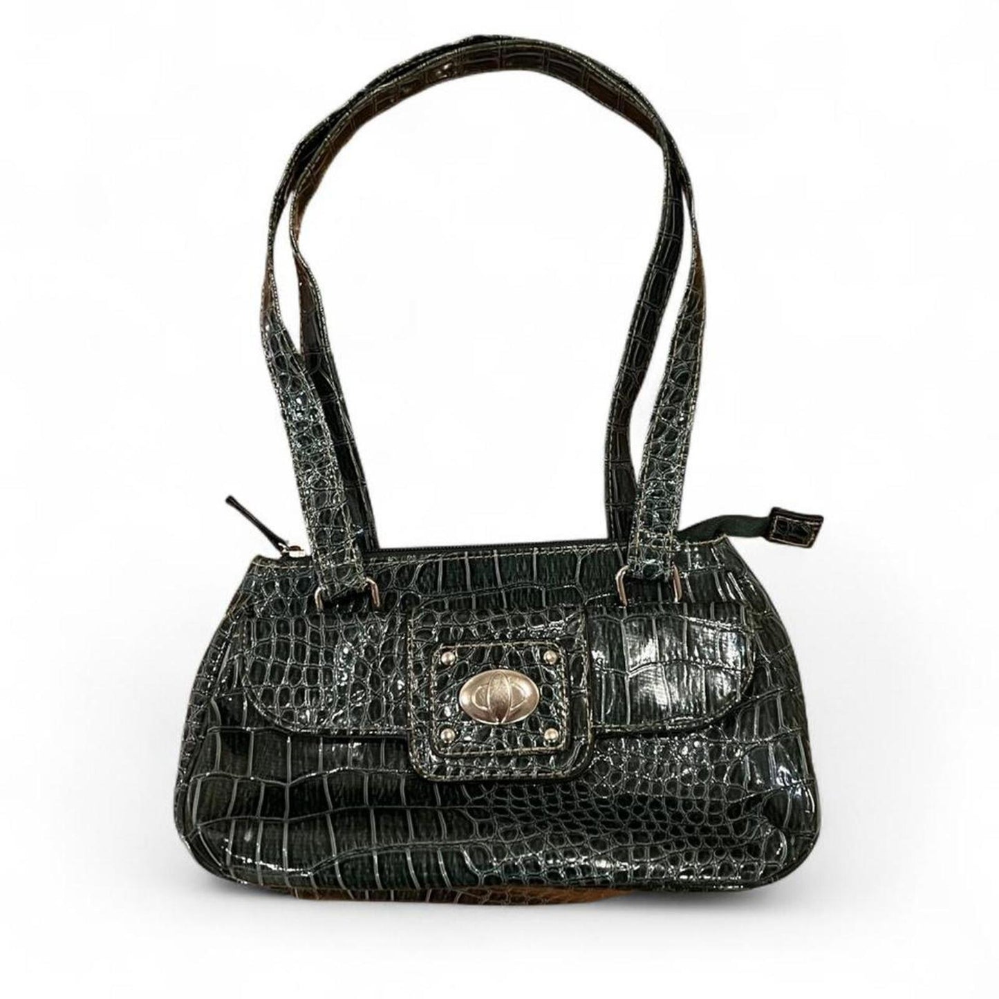 Y2K Dark Green Croc Embossed Shoulder Bag Mini Baguette