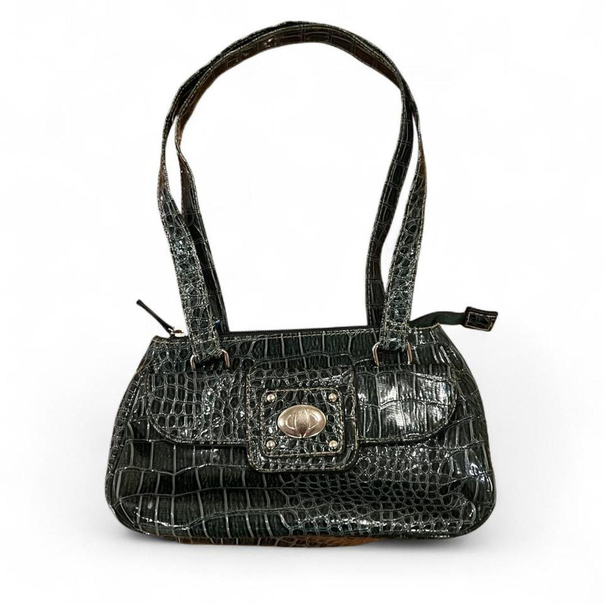 Y2K Dark Green Croc Embossed Shoulder Bag Baguette