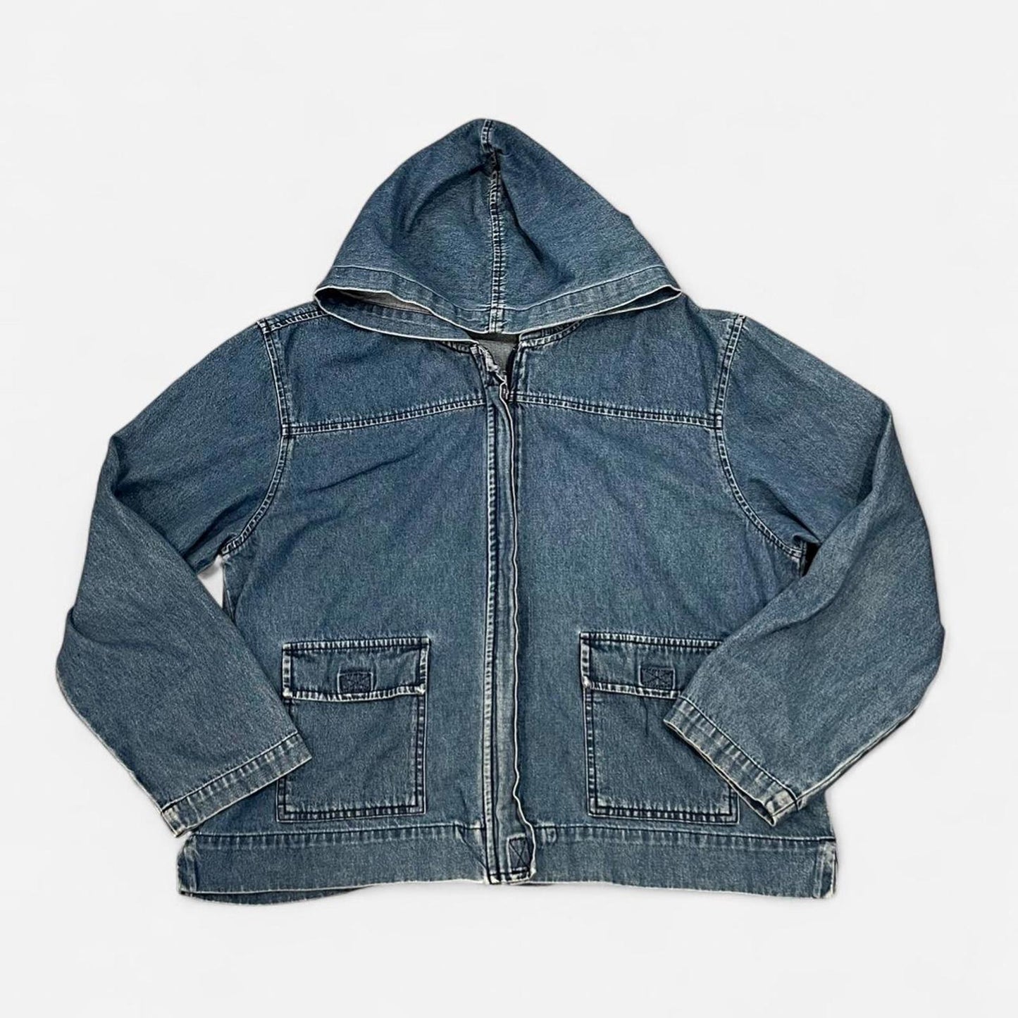 Vintage 90s Denim Hooded Jacket – Zip Front Cotton Jacket
