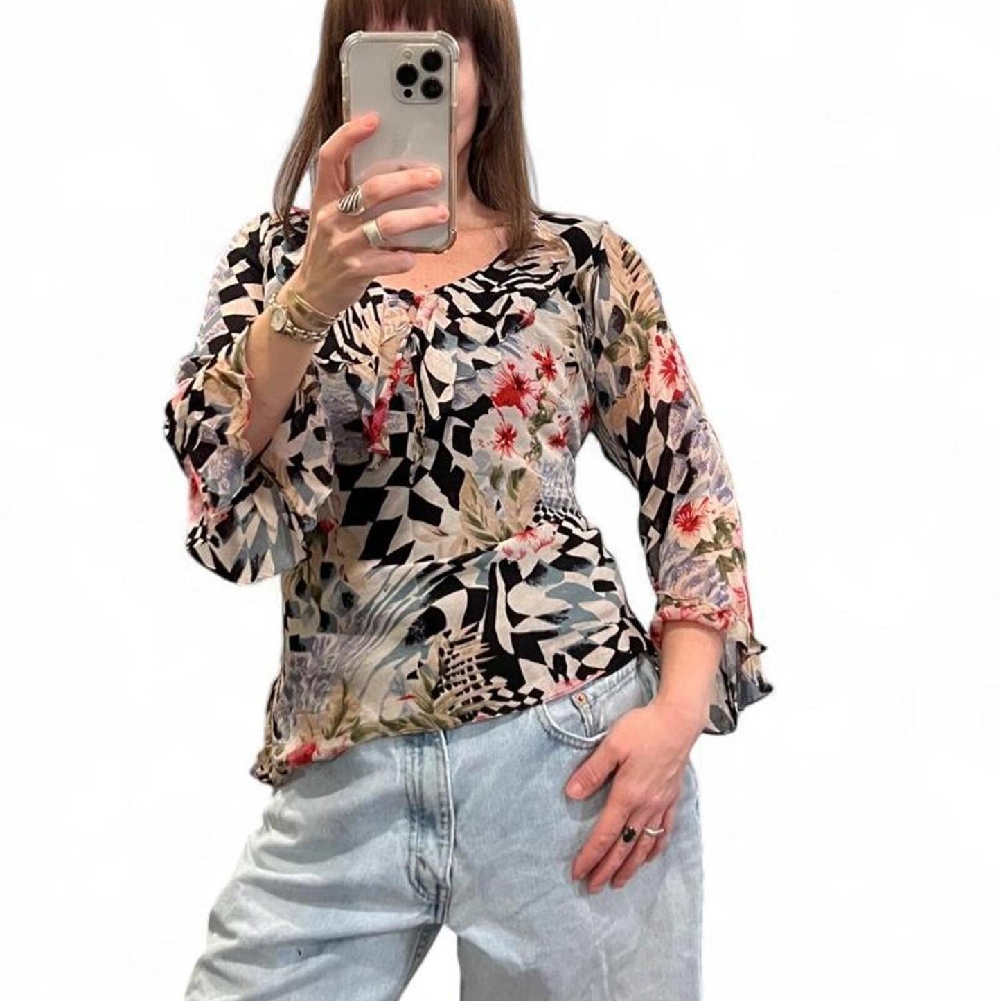 Vintage Y2K Sheer Mesh Floral Abstract Ruffle Top Fairy Grunge Boho Medium