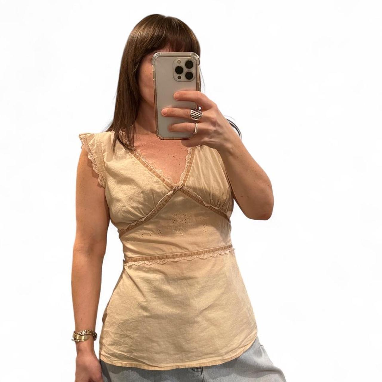 Y2K Butter Cream Eyelet Lace Cotton Top Coquette Boho L