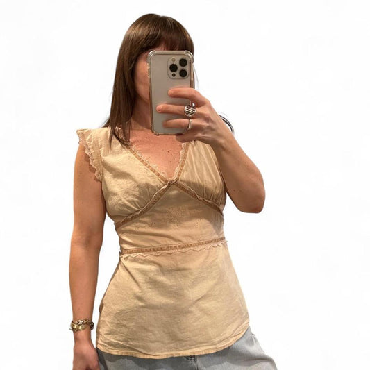Y2K Butter Cream Eyelet Lace Cotton Top Coquette Boho L
