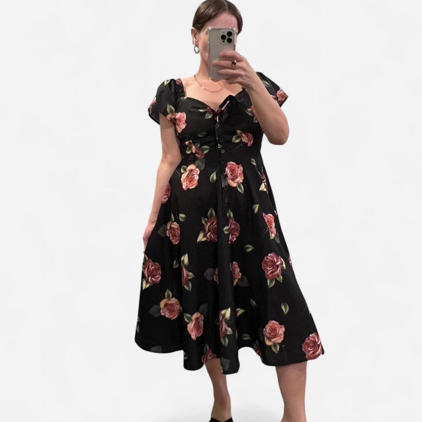 Vintage Y2K Rose Print Midi Dress Tie Front