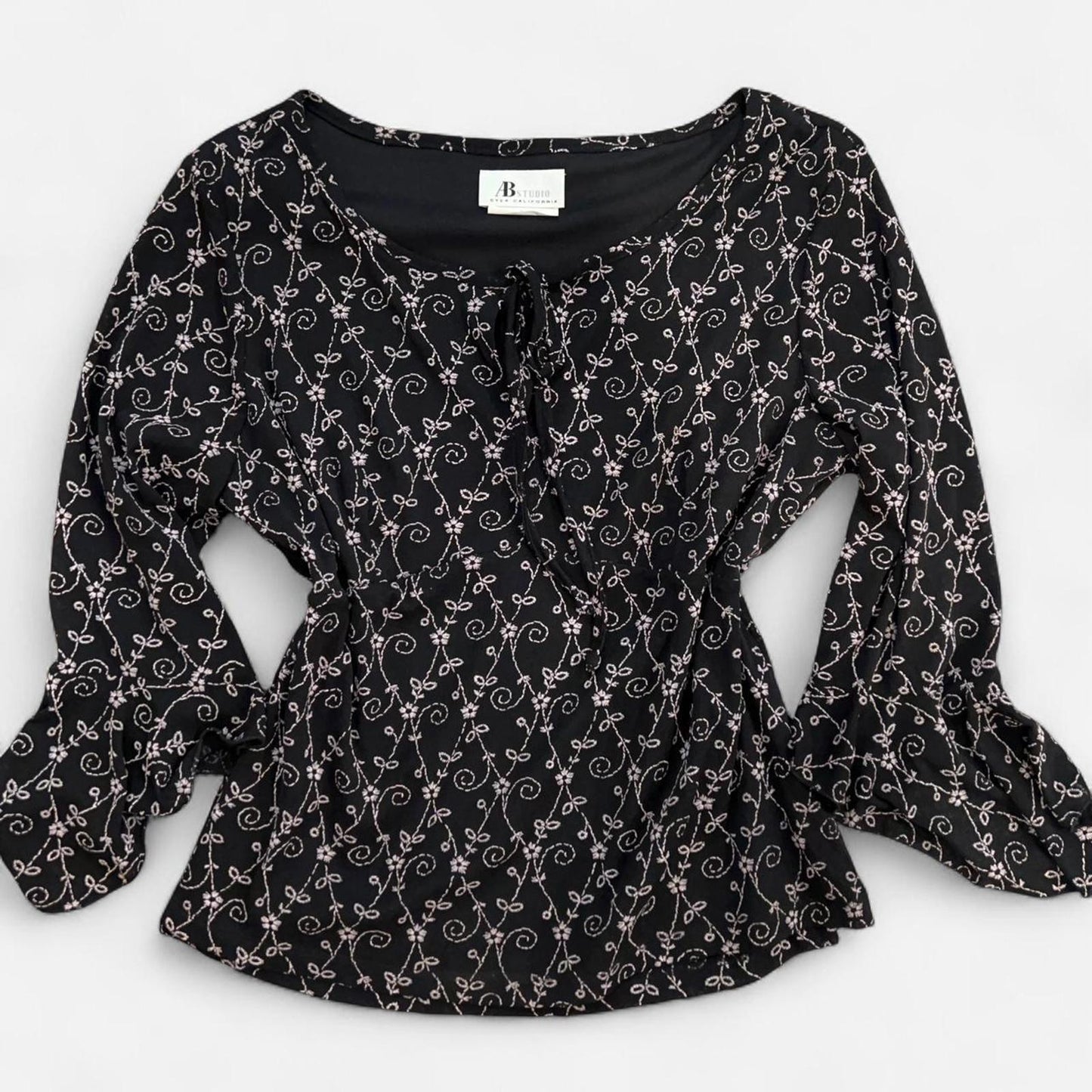 Vintage 90s Black Floral Embroidered Peasant Top Bell Sleeve