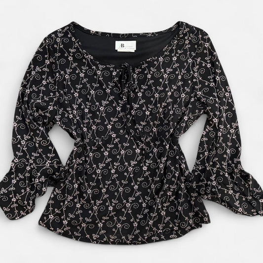 Vintage 90s Black Floral Embroidered Peasant Top Bell Sleeve