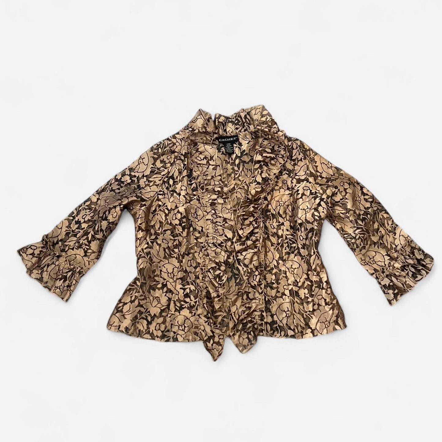 Vintage 90s Romantic Brown Sheer Floral Ruffle Blouse