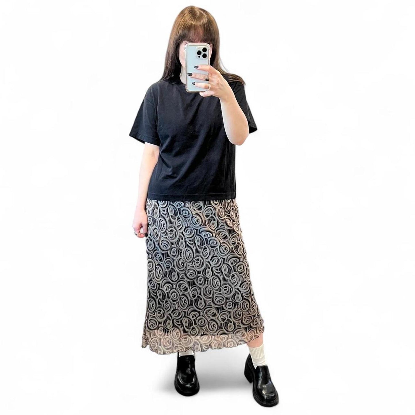 Vintage 90s Sheer Swirl Mesh Midi Skirt