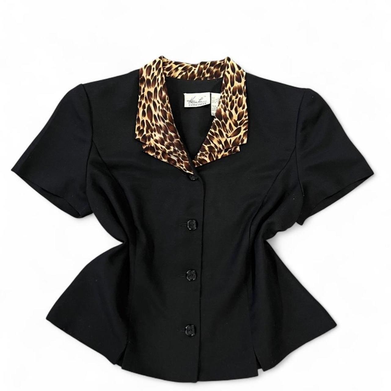 Vintage Leopard Collar Button Front Top Black Fitted Blouse