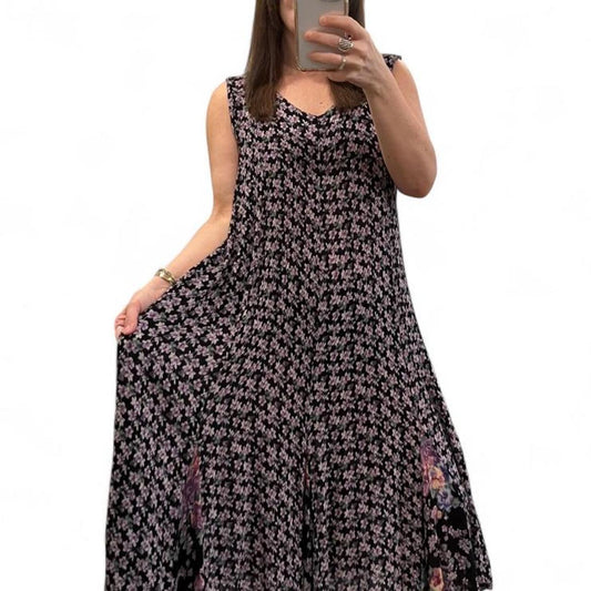 Vintage 90s Black Purple Floral Crinkle Midi Dress Cottagecore Boho Grunge Fairy