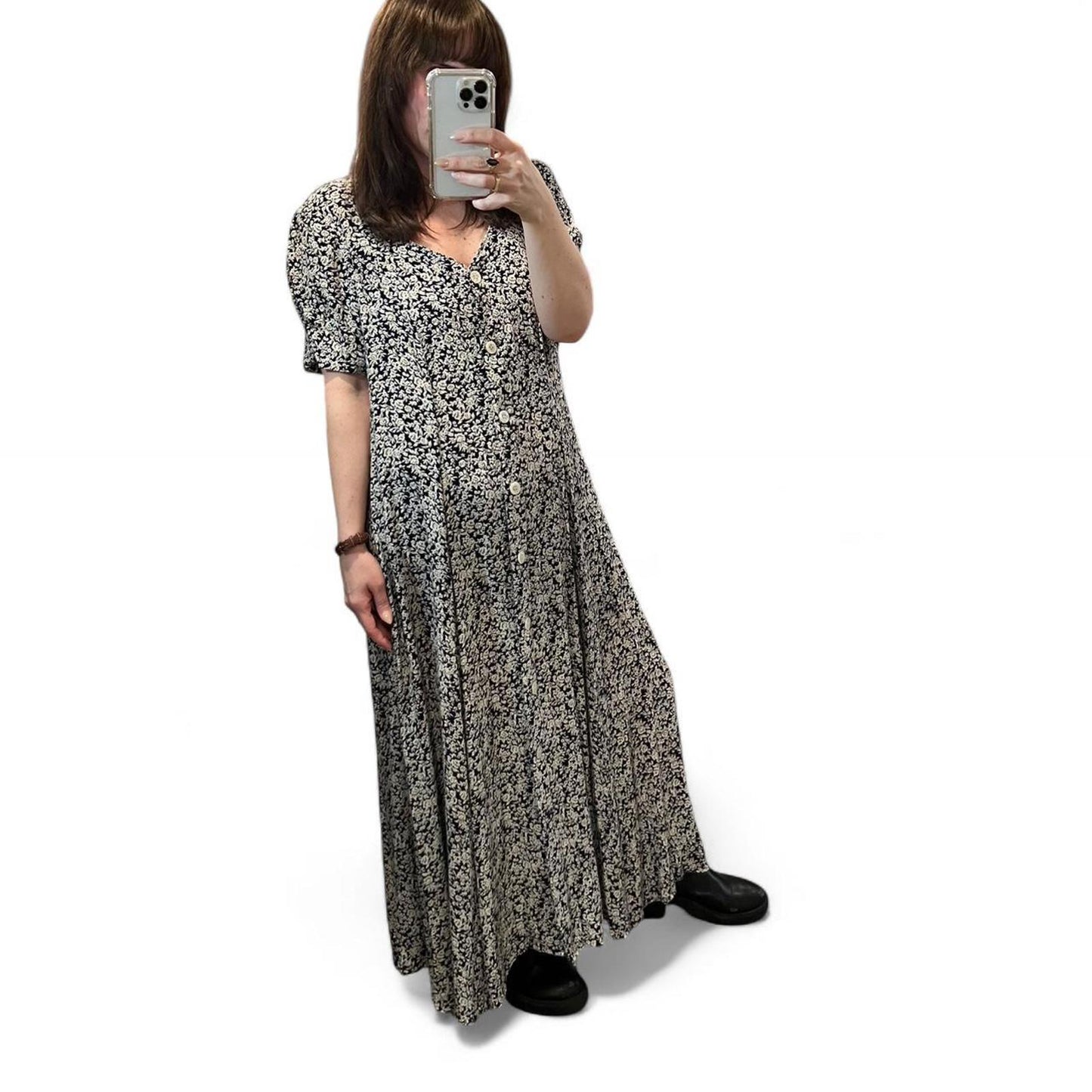 Vintage 90s Black Floral Button Front Maxi Dress