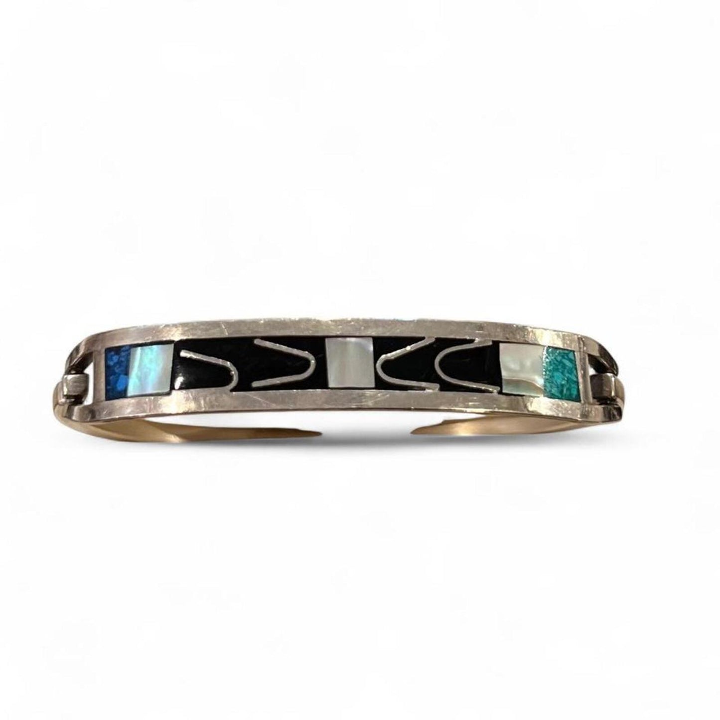 Vintage Southwest Inlay Cuff Bracelet Sterling Silver Turquoise Abalone