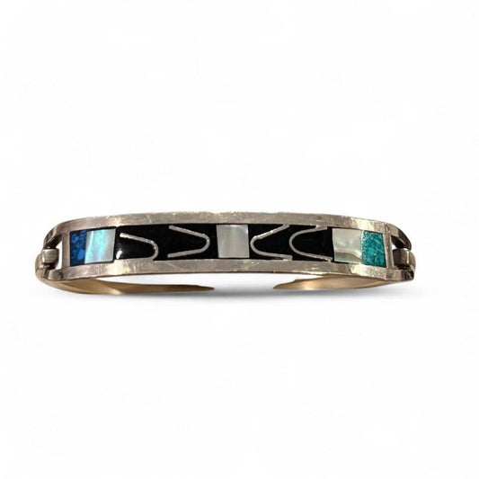 Vintage Southwest Inlay Cuff Bracelet Sterling Silver Turquoise Abalone
