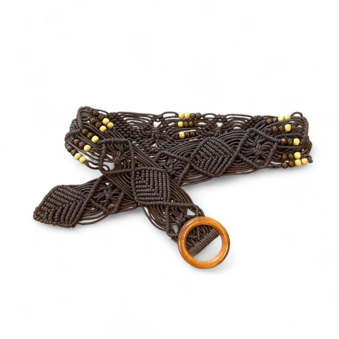 Vintage Boho Macramé Belt Brown Wood Bead Wooden Ring Tie Waist