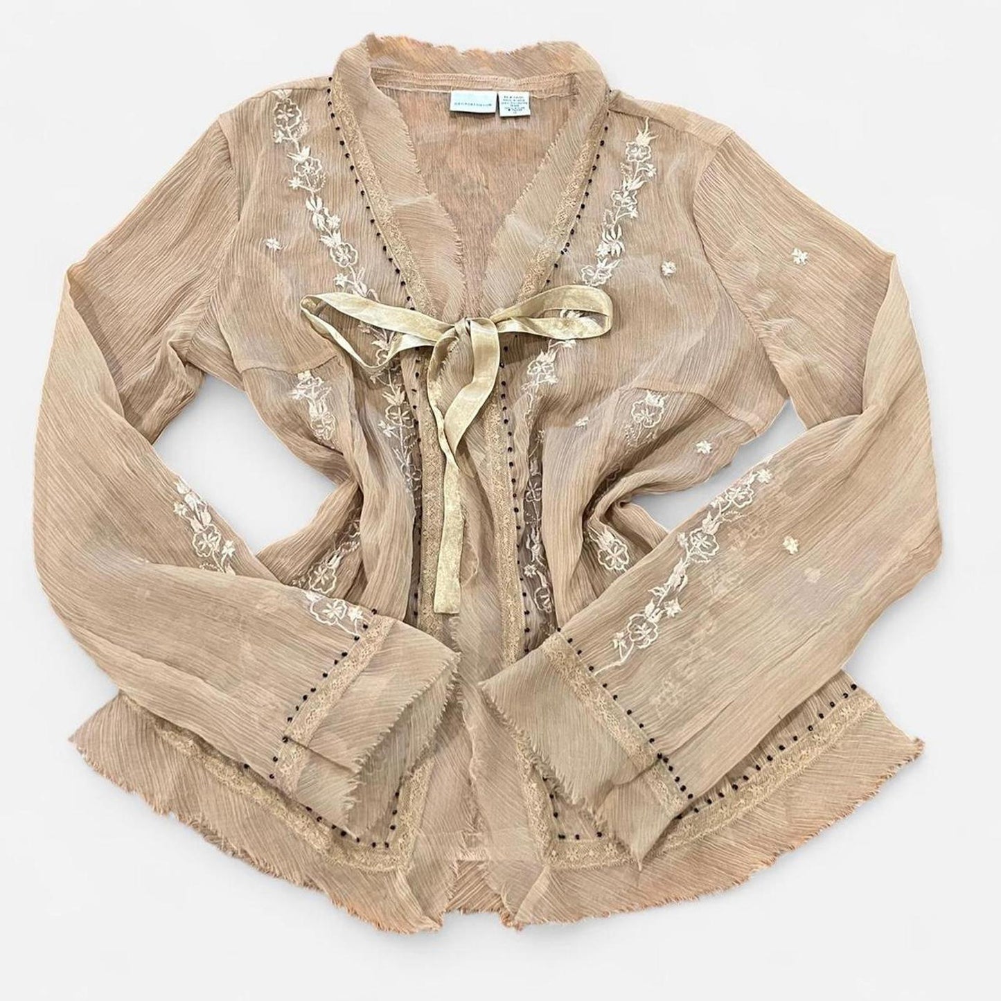 Vintage Y2K Sheer Embroidered Tie Front Blouse