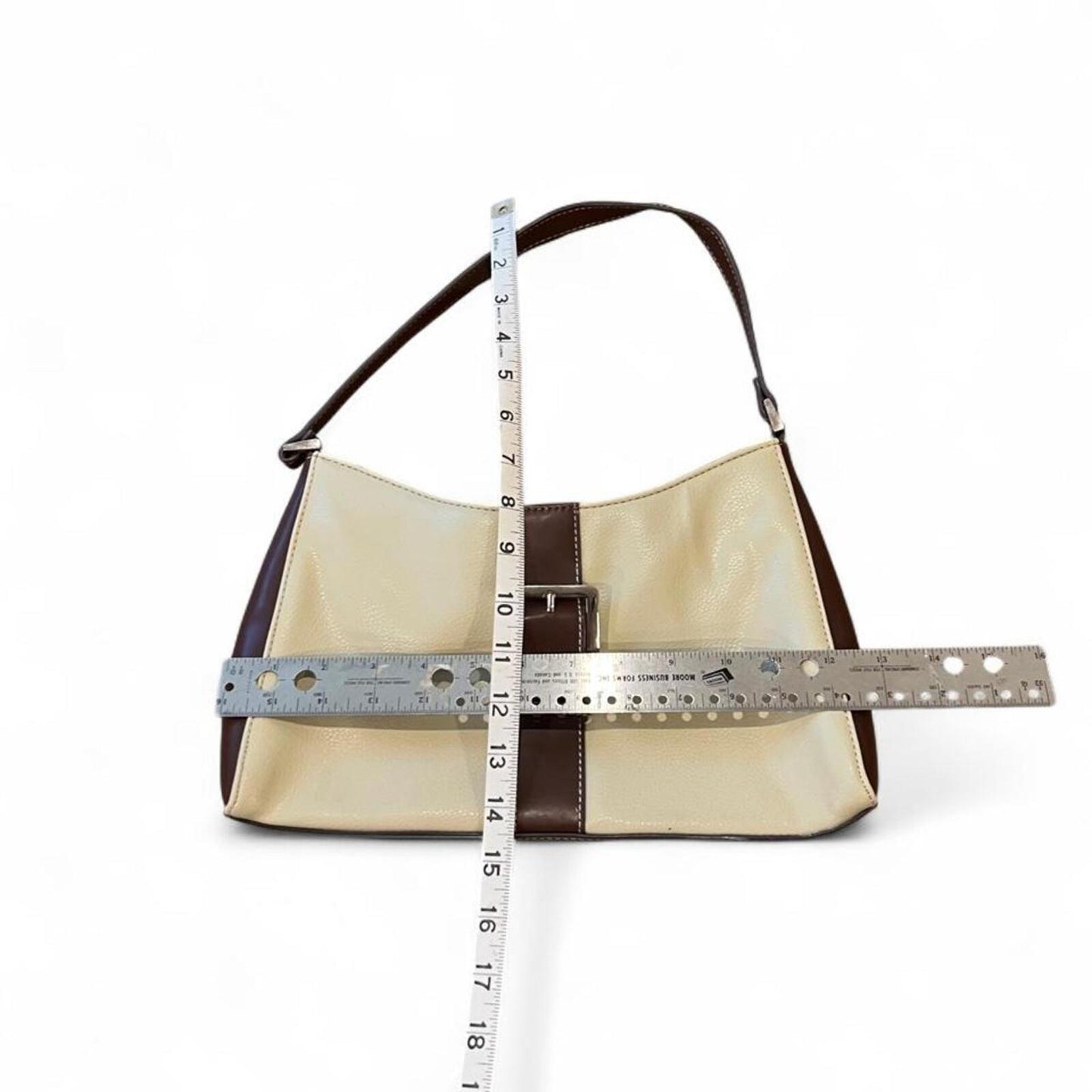 Vintage Y2K Buckle Shoulder Bag Cream Brown Faux Leather Baguette Purse