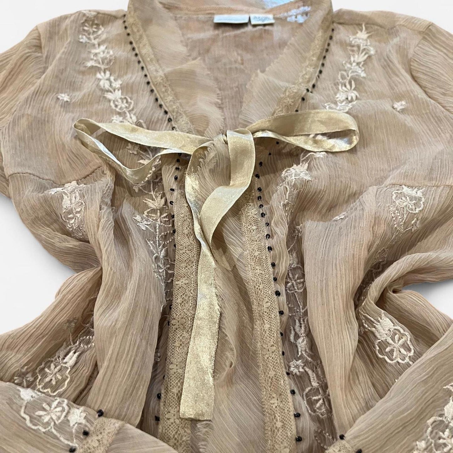 Vintage Y2K Sheer Embroidered Tie Front Blouse