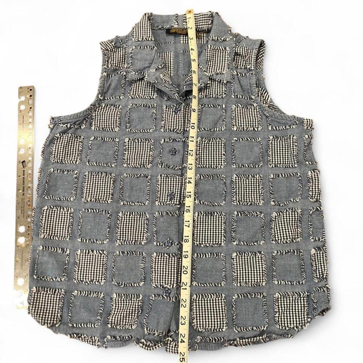 Vintage 90s Patchwork Gingham Denim Button Up Vest