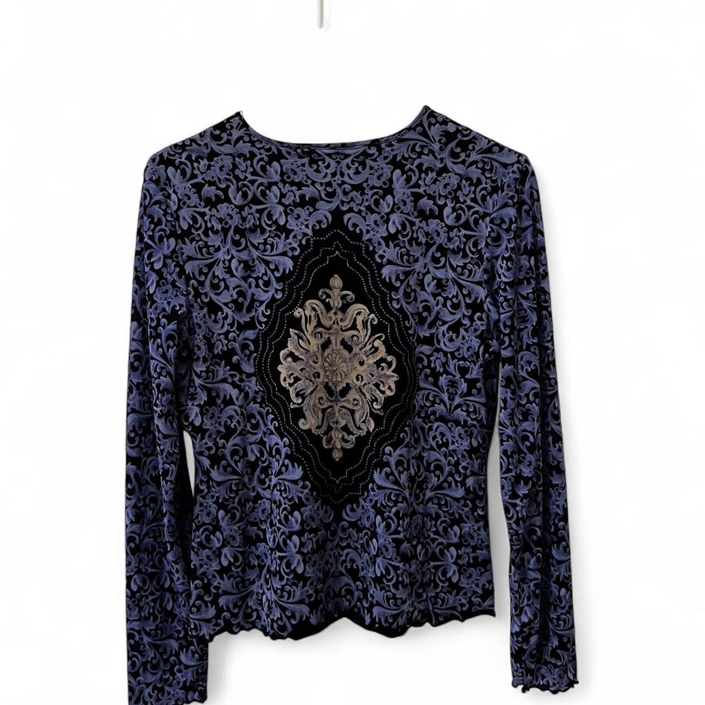 Vintage Y2K Sheer Mesh Gothic Print Long Sleeve Top