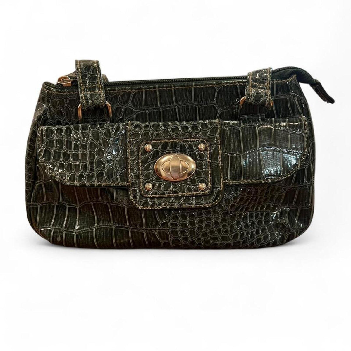 Y2K Dark Green Croc Embossed Shoulder Bag Baguette