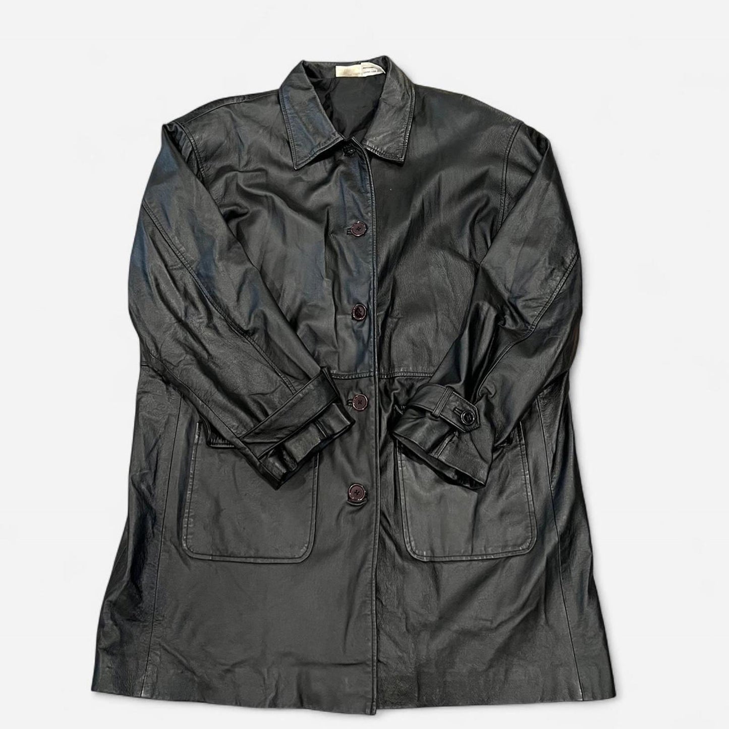 Vintage 90’s Black Leather Trench Coat Minimal Midi Jacket L
