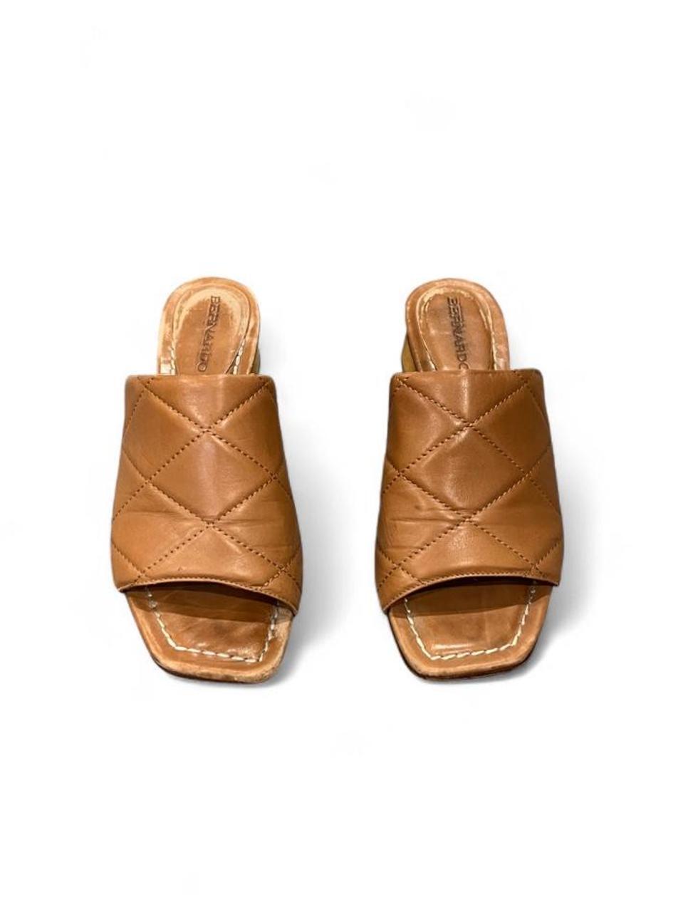Bernardo Quilted Leather Slide Heels Camel Block Heel Minimalist Sandals