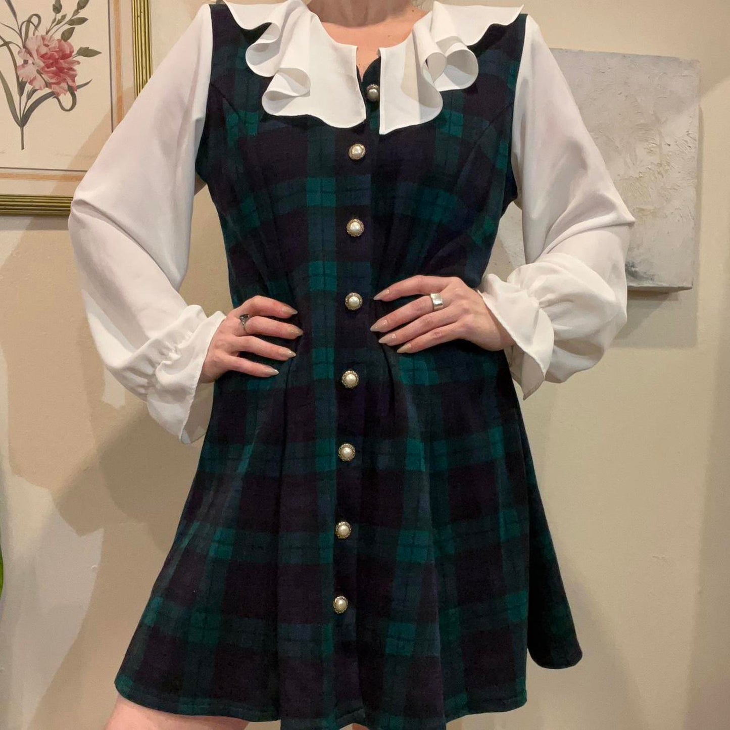 Vintage Plaid Babydoll Dress w Ruffle Collar