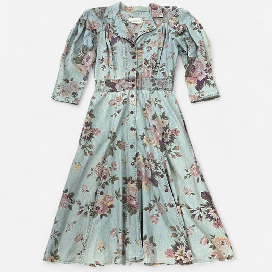 Vintage 90s Cottagecore Denim Midi Dress Prairie