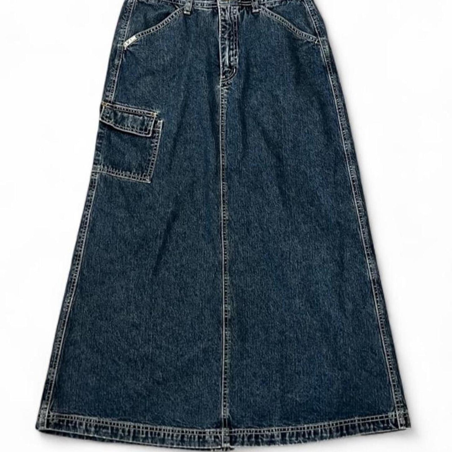 Vintage Y2K Denim Cargo Maxi Skirt Blue Jean A-Line Pocket Skirt