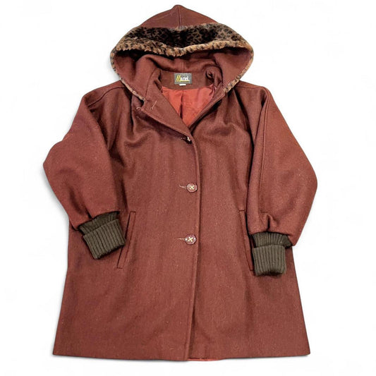 Vintage Brown Wool Hooded Coat/ Leopard Print Hood